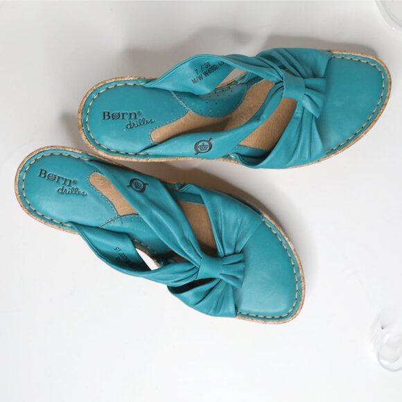 Born Driless Monte Carlo Leather Cork Wedge Sandal Turquoise Blue Strappy Mule - Picture 10 of 11